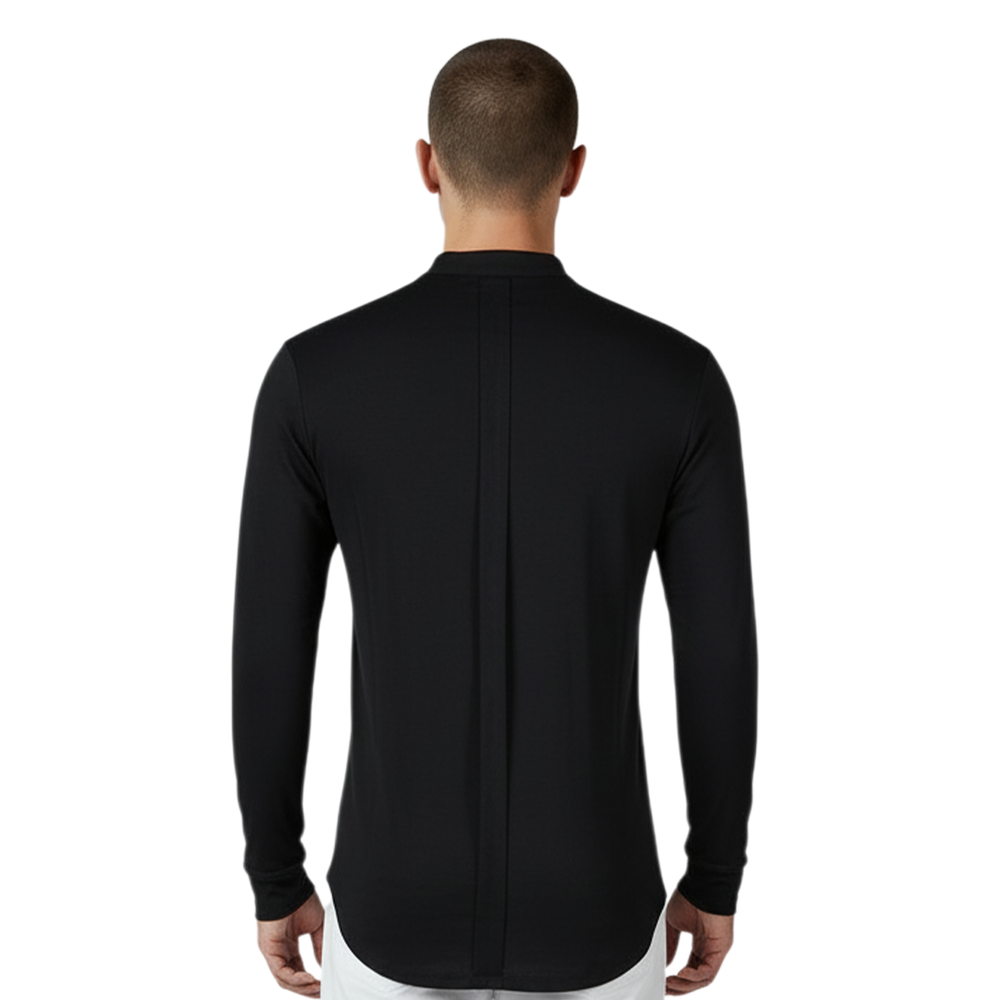 Schwarzes, italienisches Herren-Langarmshirt mit Stehkragen, elastischem Stoff und moderner Passform, Rückansicht.