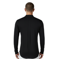 Schwarzes, italienisches Herren-Langarmshirt mit Stehkragen, elastischem Stoff und moderner Passform, Rückansicht.