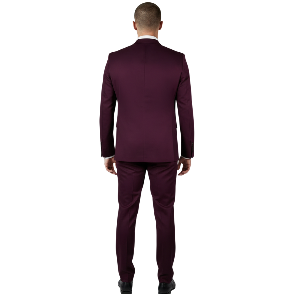 Italienischer bordeauxfarbener Herrenanzug, Rückansicht mit schlanker Silhouette