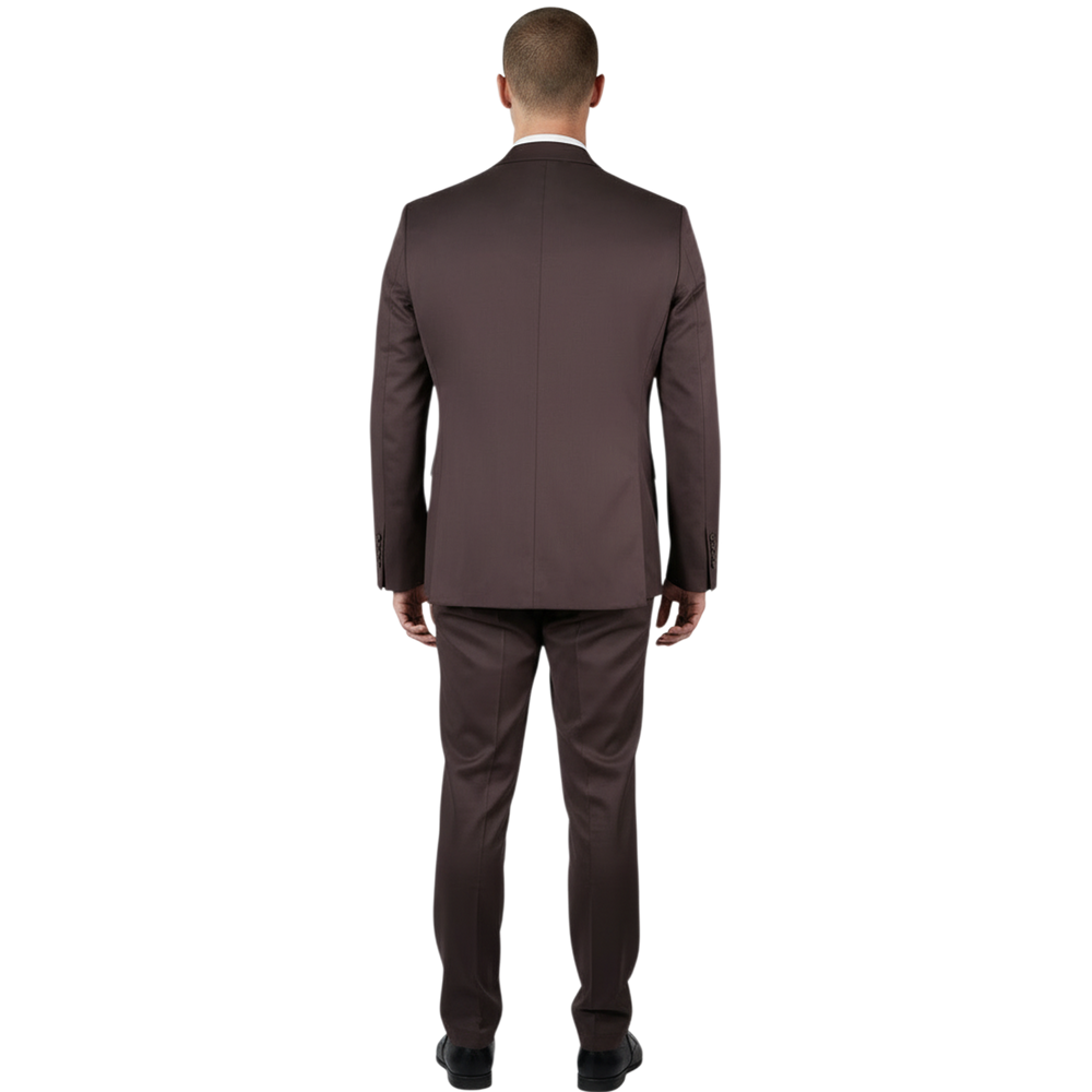 Italienischer brauner Herrenanzug, Rückansicht mit schlanker Silhouette