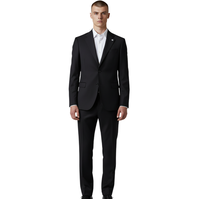 Italienischer schwarzer Herrenanzug mit klassischem Einreiher-Sakko, Vorderansicht