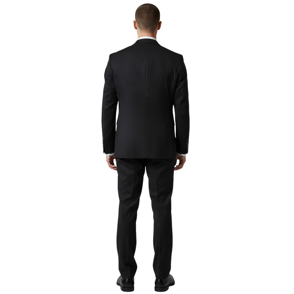 Italienischer schwarzer Herrenanzug, Rückansicht mit schlanker Silhouette