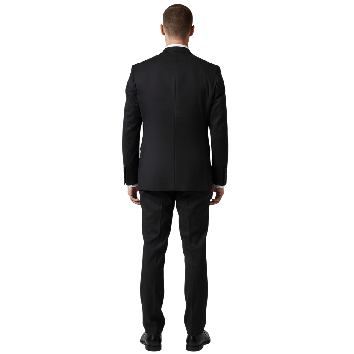 Italienischer schwarzer Herrenanzug, Rückansicht mit schlanker Silhouette