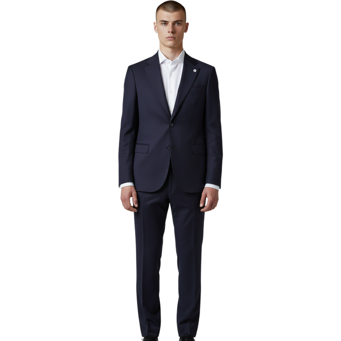 Italienischer dunkelblauer Herrenanzug mit klassischem Einreiher-Sakko, Vorderansicht