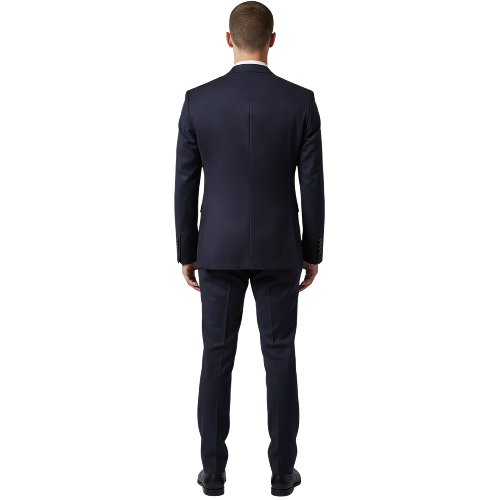 Italienischer dunkelblauer Herrenanzug, Rückansicht mit schlanker Silhouette