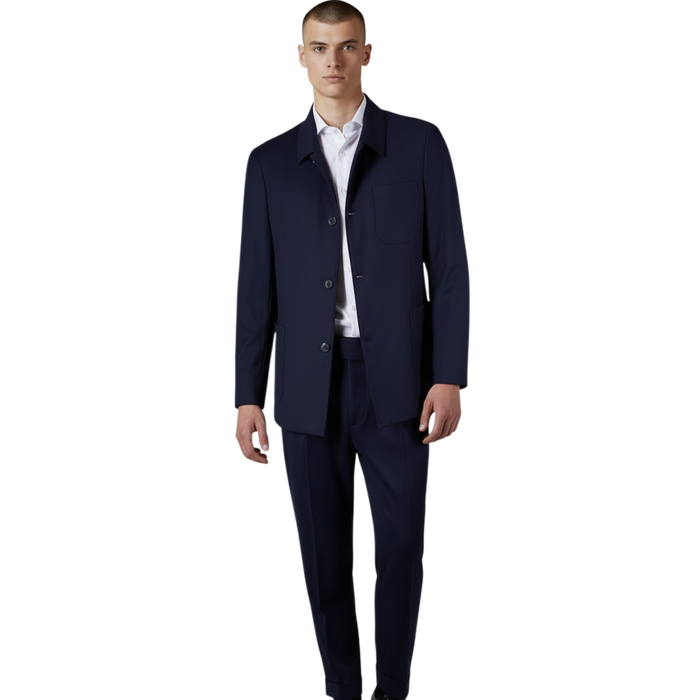 Italienischer Anzug mit Umlegekragen, gerader Knopfleiste und aufgesetzten Taschen, Frontansicht