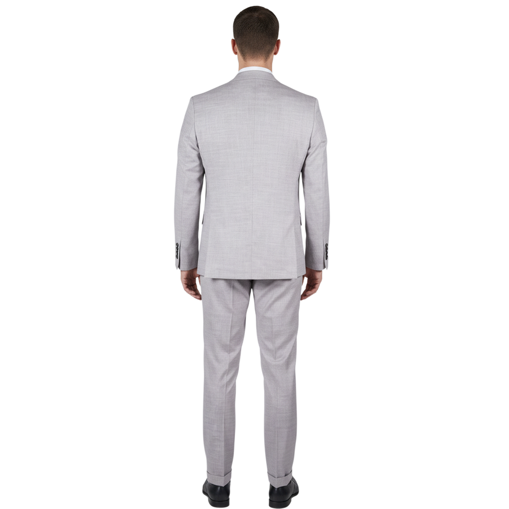 Italienischer hellgrauer Herrenanzug, Rückansicht mit schlanker Silhouette
