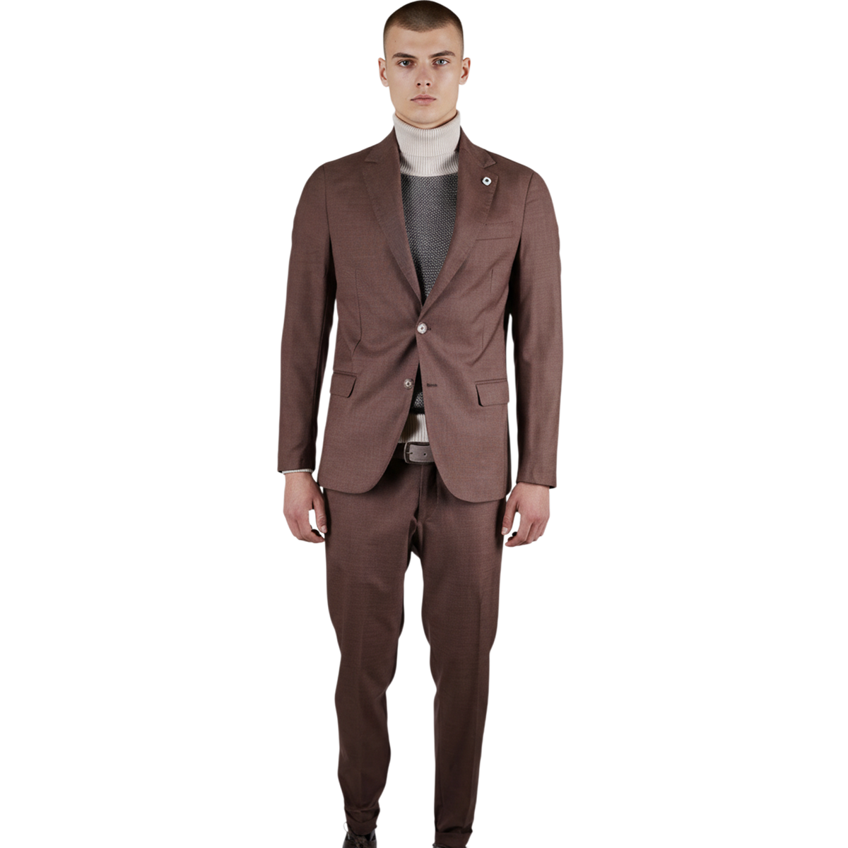 Italienischer brauner Herrenanzug mit klassischem Sakko und Hose mit Umschlag, Vorderansicht