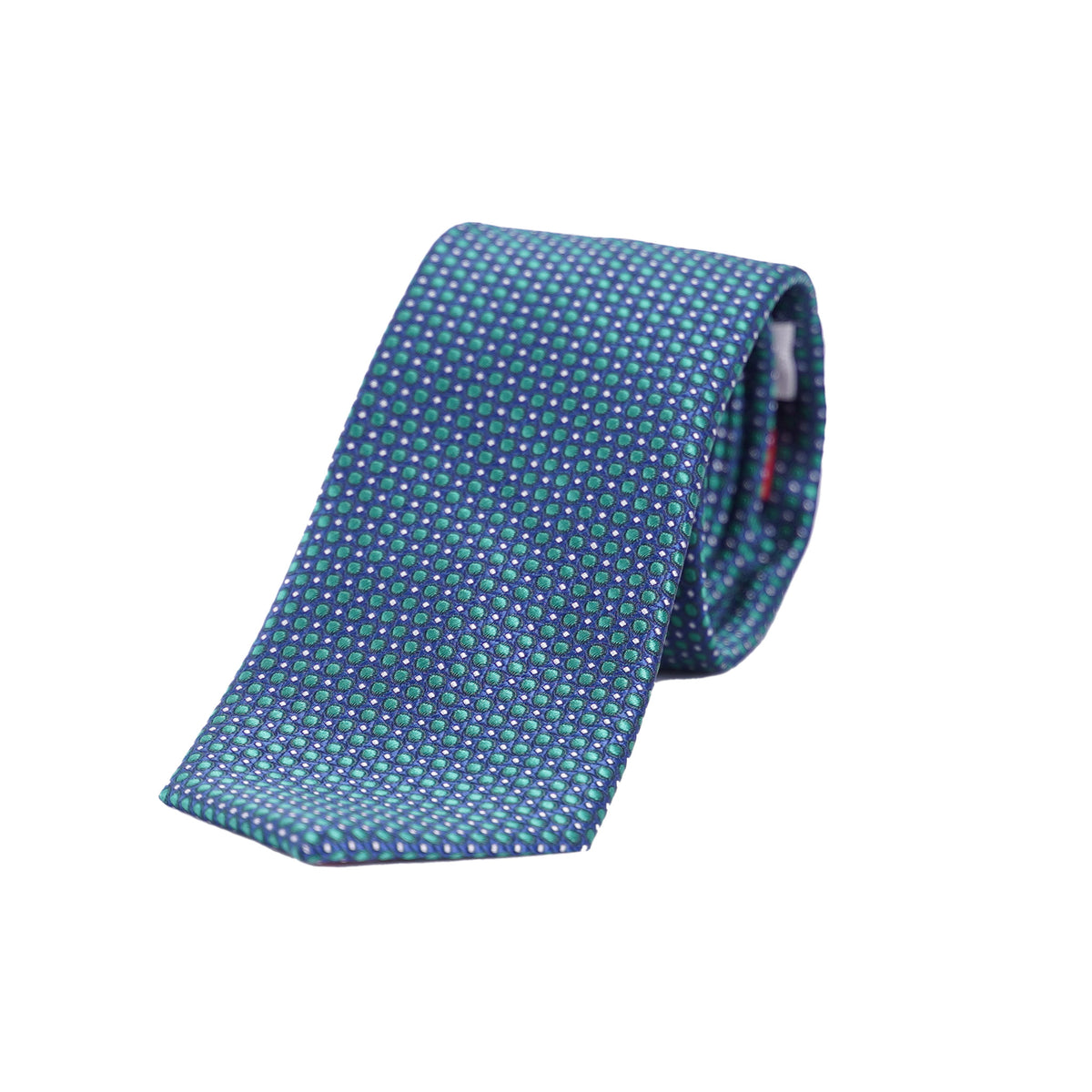 Klassisch geschnittene, elegant gerollte Seidenkrawatte von VP Italian Brand in Smaragdgrün mit feinem, hellem Micro-Punktmuster auf weißem Hintergrund.
