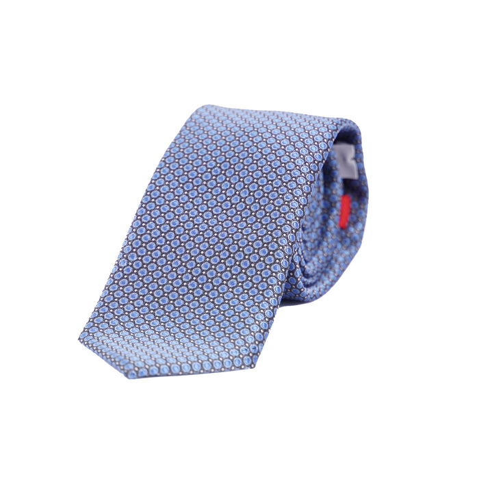 Klassisch geschnittene, elegant gerollte Seidenkrawatte von VP Italian Brand in Hellblau mit feinem, hellem Micro-Punktmuster auf weißem Hintergrund.
