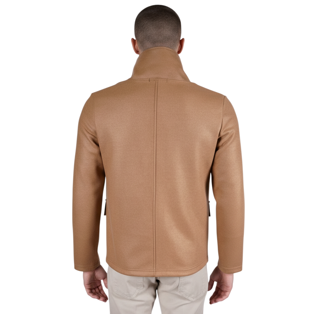 Rückansicht einer beigen italienischen Herrenjacke mit Stehkragen, regulärer Passform und klarer, eleganter Linienführung.