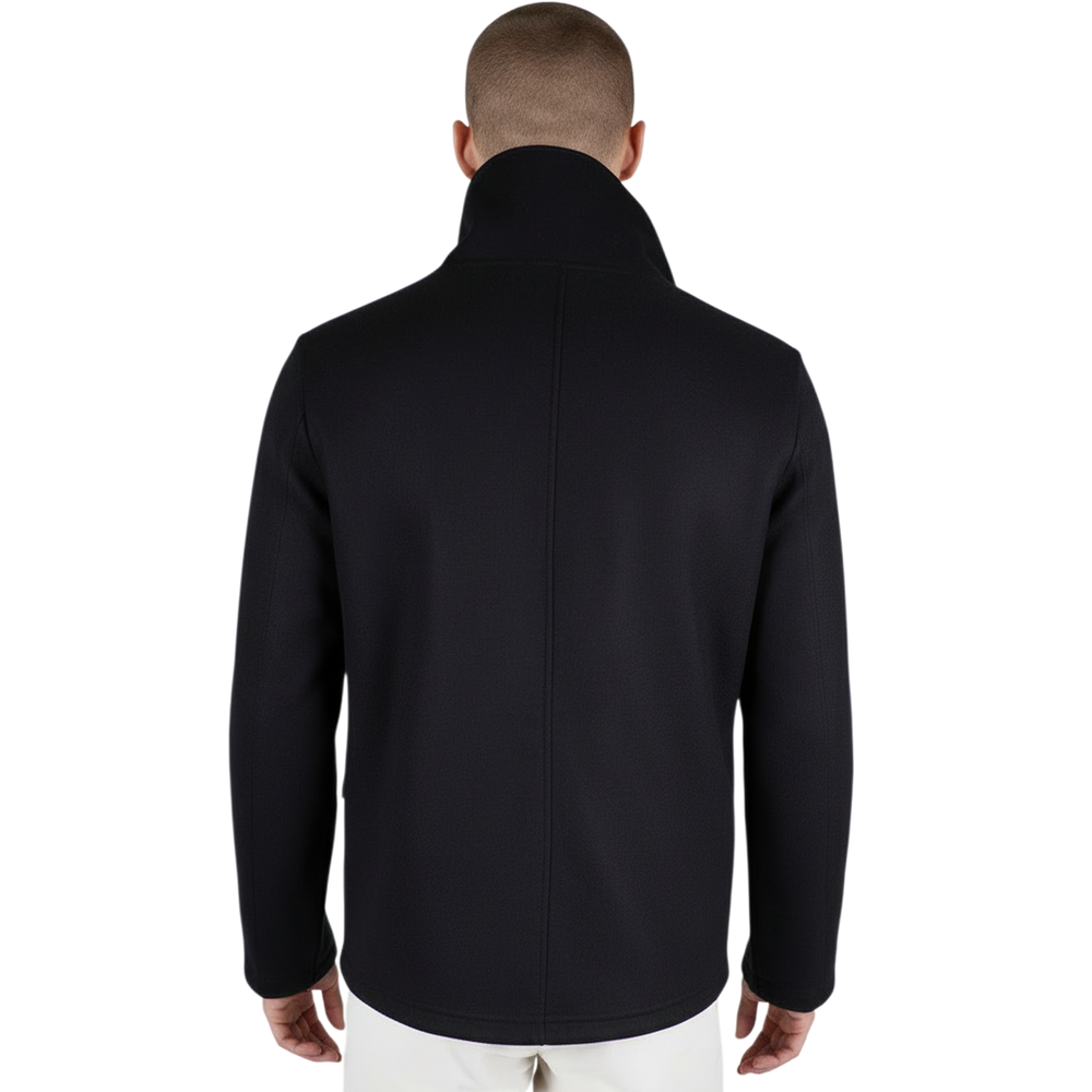 Rückansicht einer schwarzen italienischen Herrenjacke mit Stehkragen, regulärer Passform und klarer, eleganter Linienführung.