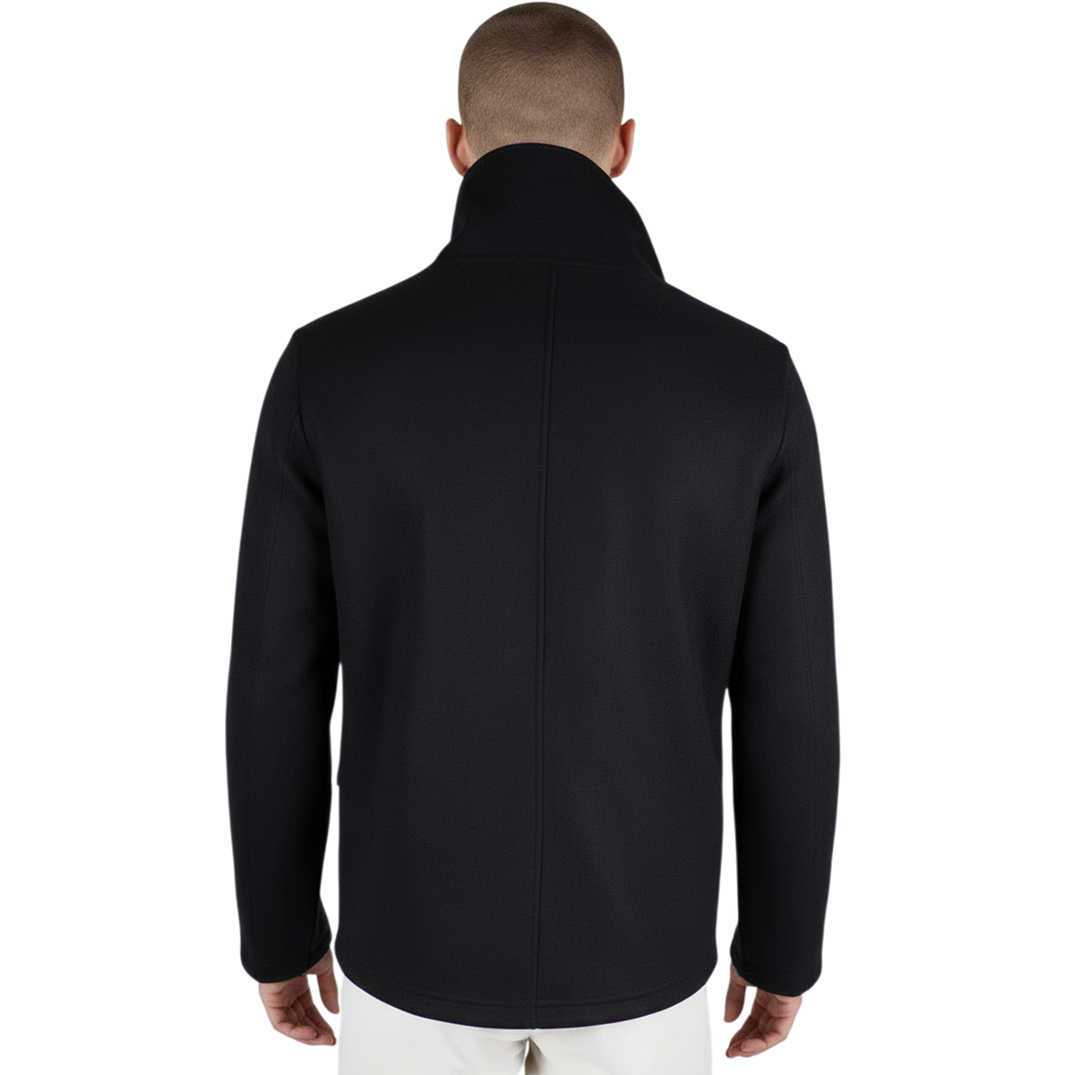 Rückansicht einer schwarzen italienischen Herrenjacke mit Stehkragen, regulärer Passform und klarer, eleganter Linienführung.