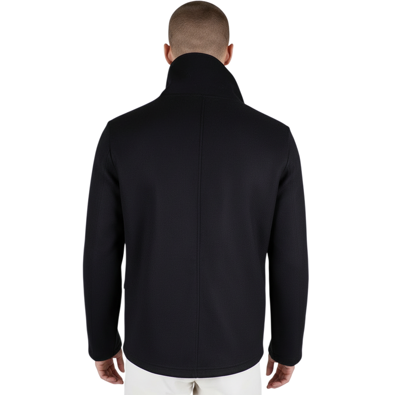 Rückansicht einer schwarzen italienischen Herrenjacke mit Stehkragen, regulärer Passform und klarer, eleganter Linienführung.