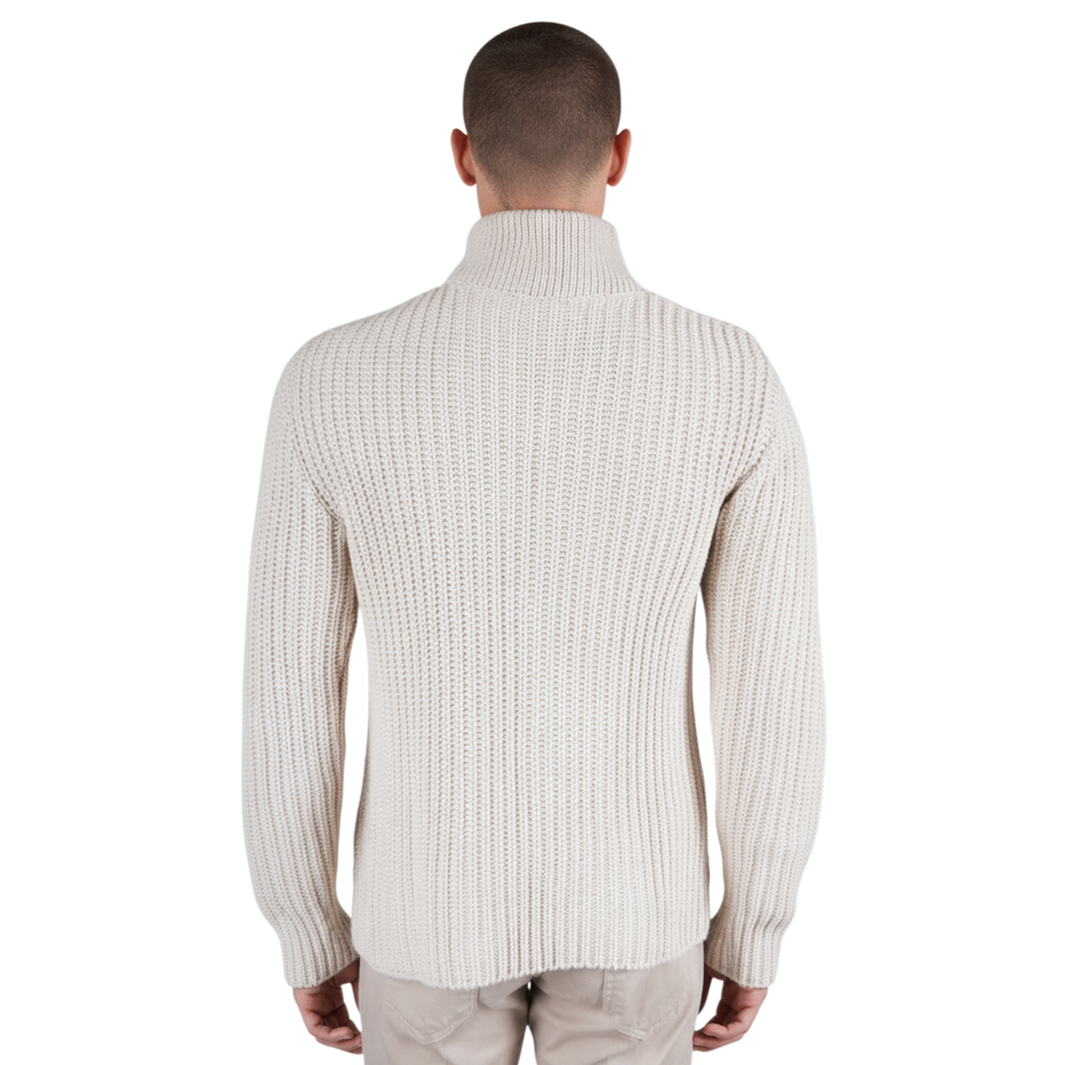 Heller italienischer Herren-Cardigan aus strukturierter Strickware mit klassischer Passform, Rückansicht.