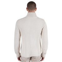 Heller italienischer Herren-Cardigan aus strukturierter Strickware mit klassischer Passform, Rückansicht.
