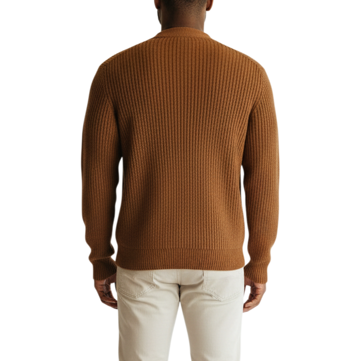 Brauner italienischer Herren-Cardigan aus Rippstrick mit schlanker Passform – Rückansicht