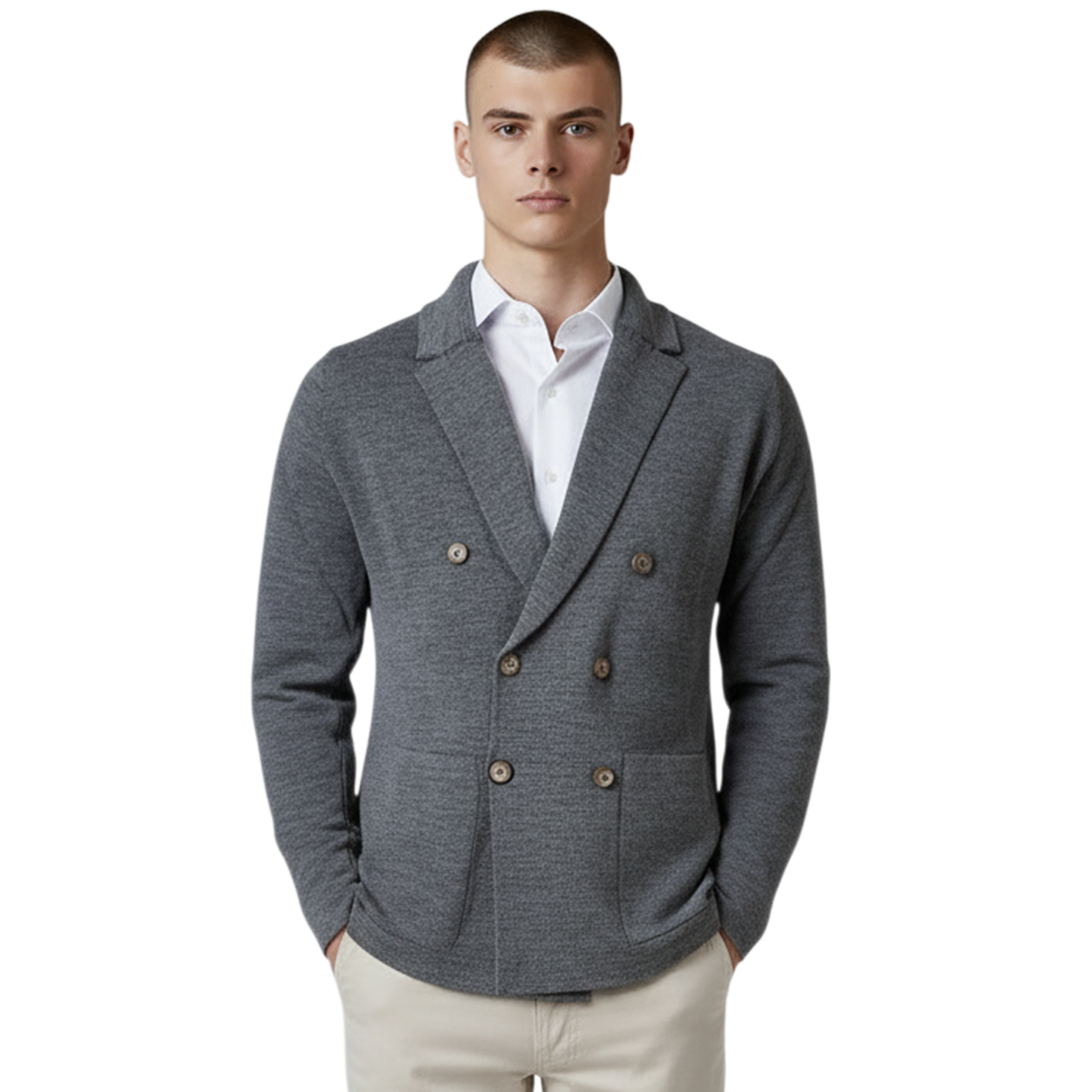 Mittelgrauer italienischer Herren-Cardigan im Zweireiher-Stil aus feinem Strick, Frontansicht mit Reverskragen und aufgesetzten Taschen.