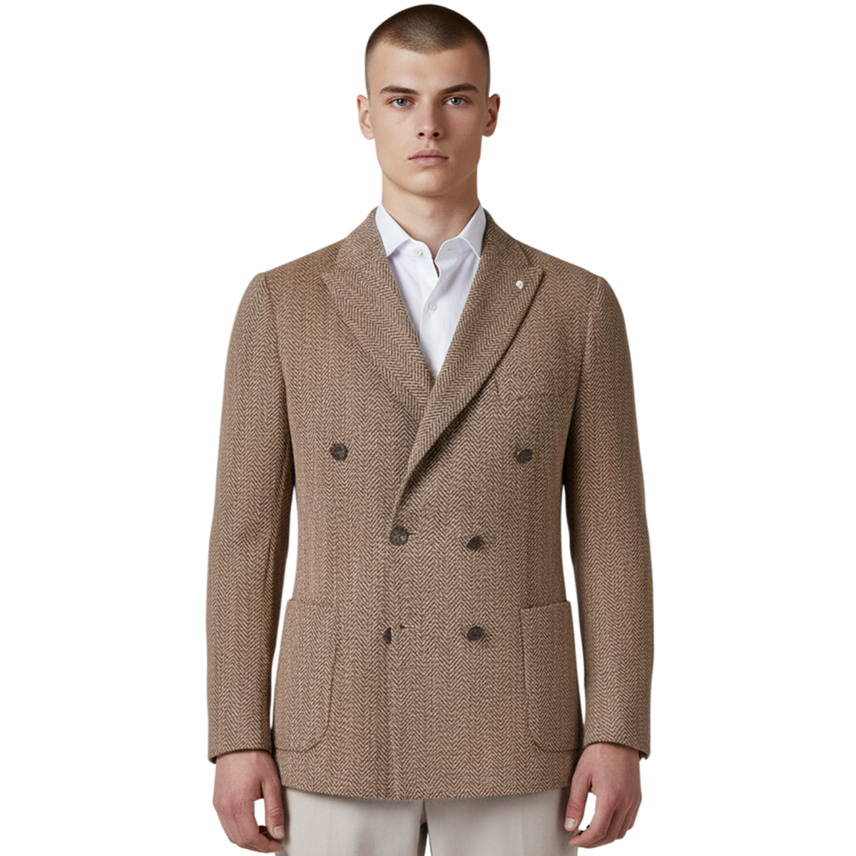 Braunes italienisches Herren-Sakko mit Fischgratmuster, zweireihiger Knopfleiste und klassischem Revers – Frontansicht.