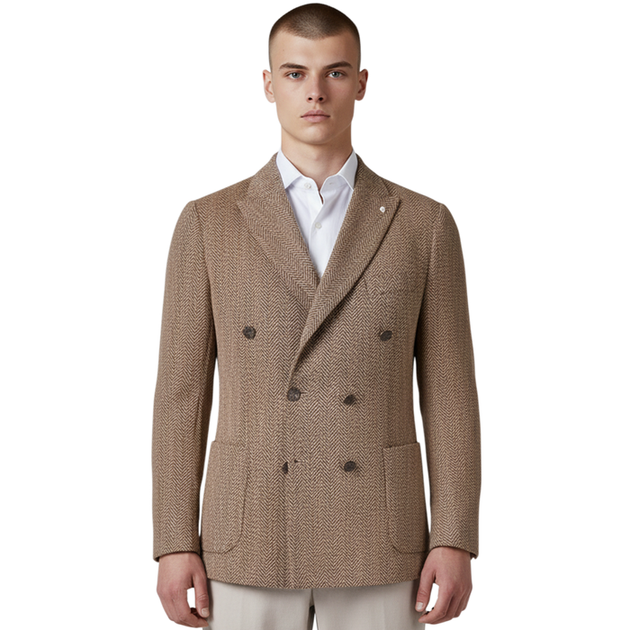 Braunes italienisches Herren-Sakko mit Fischgratmuster, zweireihiger Knopfleiste und klassischem Revers – Frontansicht.