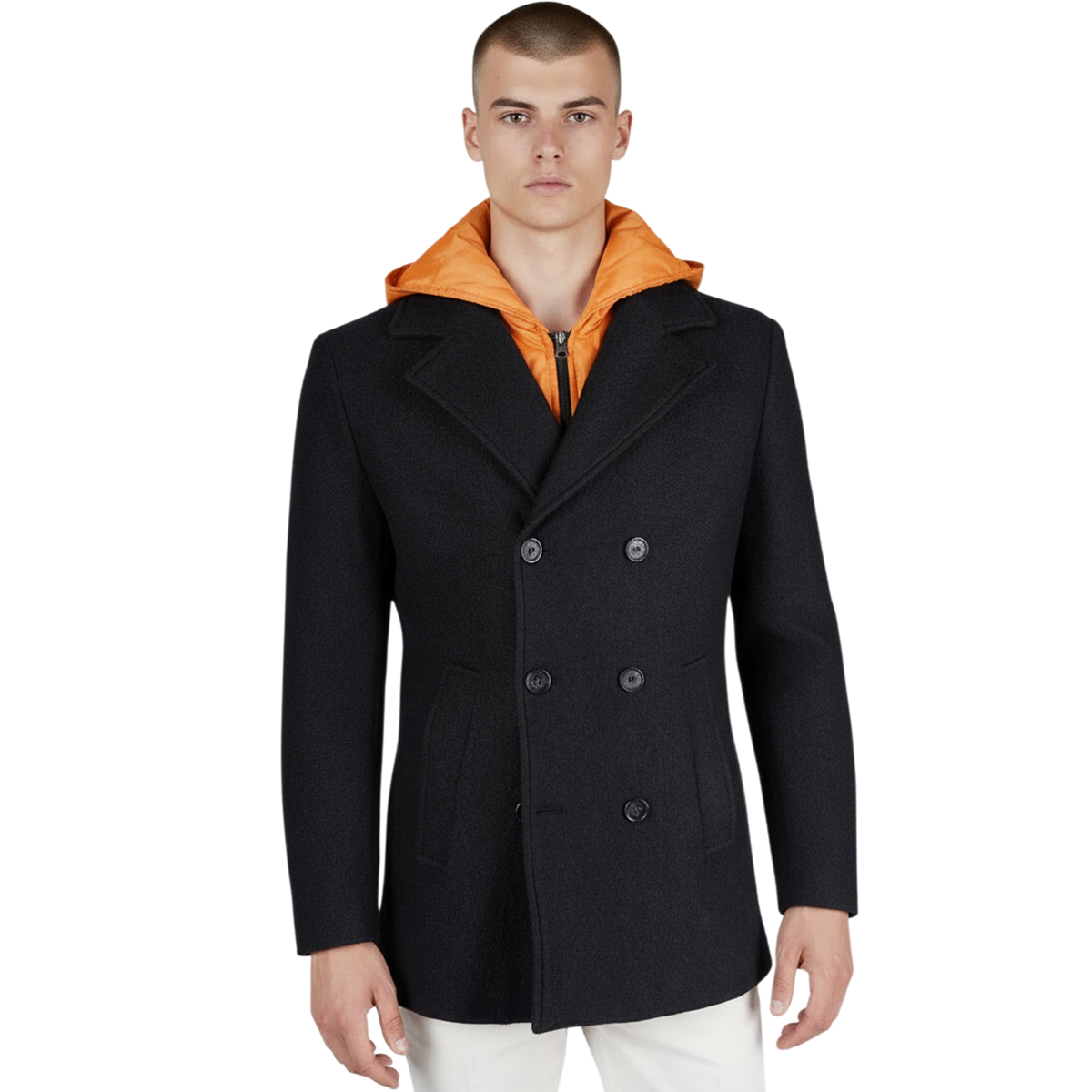 Schwarze italienische Herrenjacke im Sakko-Stil mit abnehmbarer Kapuze, Doppelknopfleiste und klassischem Reverskragen – Frontansicht.