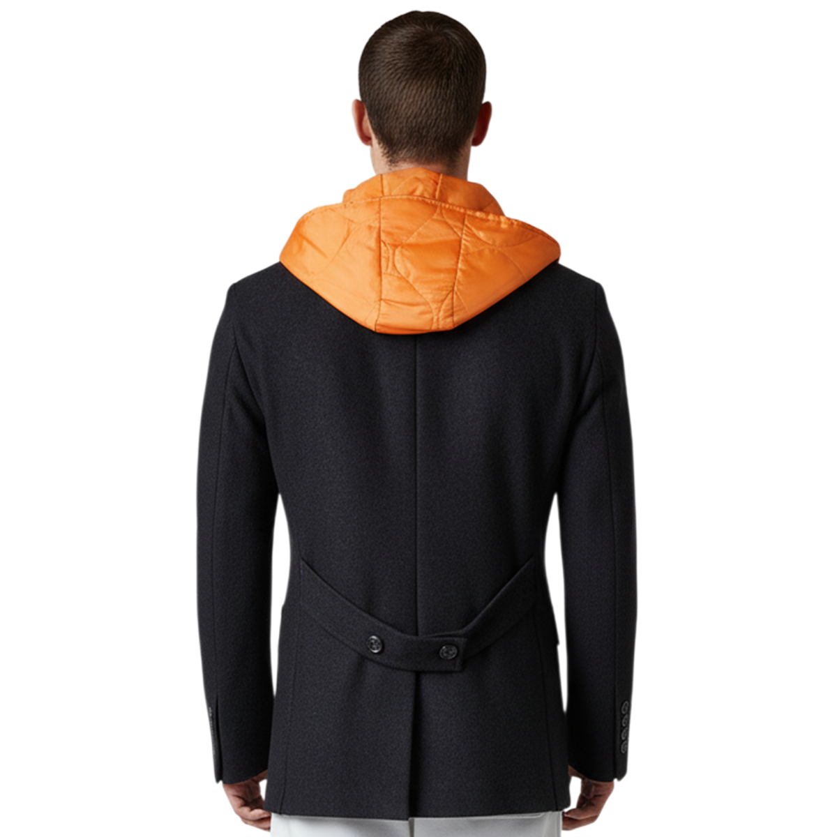Schwarze italienische Herrenjacke im Sakko-Stil mit abnehmbarer Kapuze und taillierter Rückenpartie – Rückansicht.