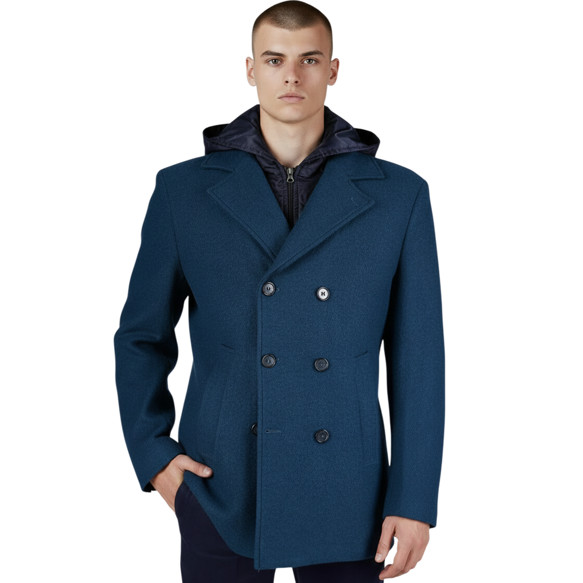 Italienische Herrenjacke in Ottanio-Blau mit abnehmbarer Kapuze, eleganter Frontansicht, sakkoähnlicher Schnitt und moderne Passform.