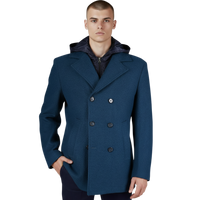 Italienische Herrenjacke in Ottanio-Blau mit abnehmbarer Kapuze, eleganter Frontansicht, sakkoähnlicher Schnitt und moderne Passform.