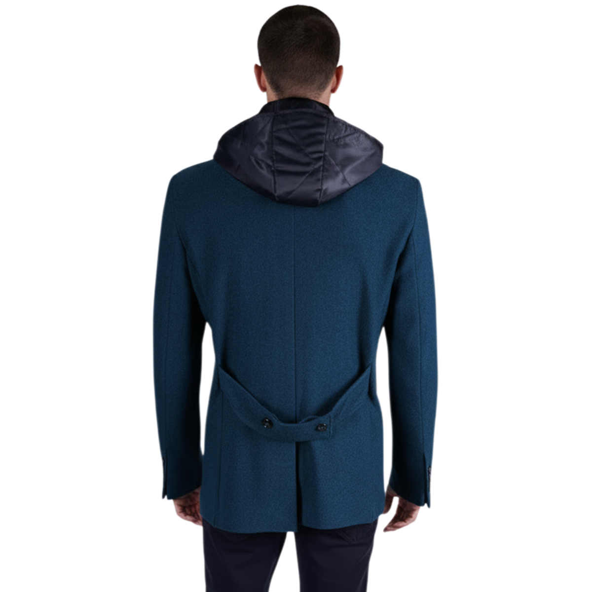 Rückansicht der italienischen Herrenjacke in Ottanio-Blau mit abnehmbarer Kapuze, klare Linienführung und taillierte Silhouette.