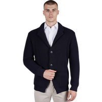Dunkelblauer italienischer Herren-Cardigan in regulärer Passform mit Reverskragen, Knopfleiste und aufgesetzten Taschen, Frontansicht.