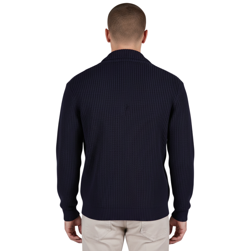 Dunkelblauer italienischer Herren-Cardigan mit feiner Strickstruktur und regulärer Passform, Rückansicht.