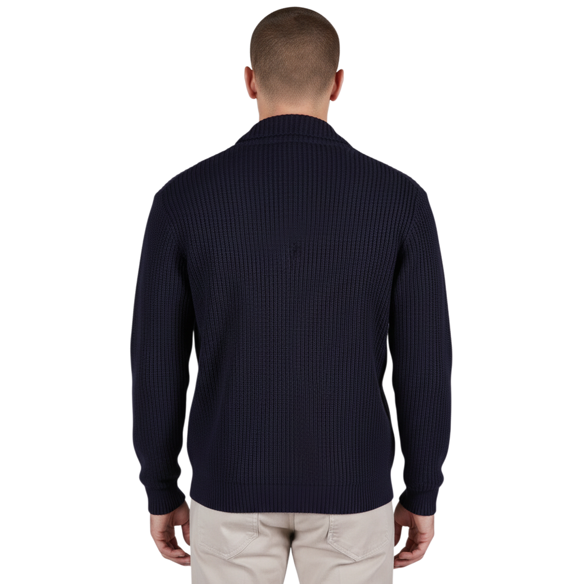 Dunkelblauer italienischer Herren-Cardigan mit feiner Strickstruktur und regulärer Passform, Rückansicht.