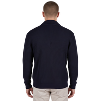 Dunkelblauer italienischer Herren-Cardigan mit feiner Strickstruktur und regulärer Passform, Rückansicht.