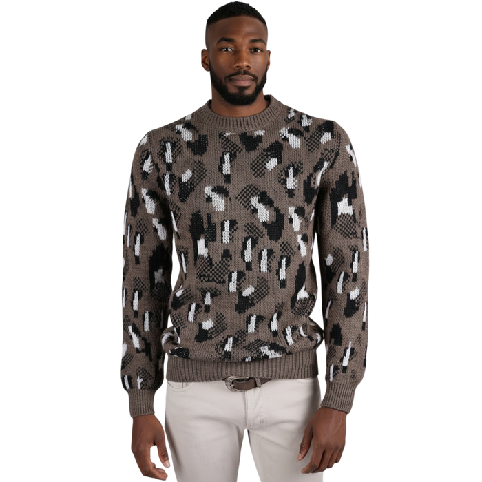 Italienischer Pullover mit grafischem Strickmuster und Rundhalsausschnitt in Tortora, Frontansicht