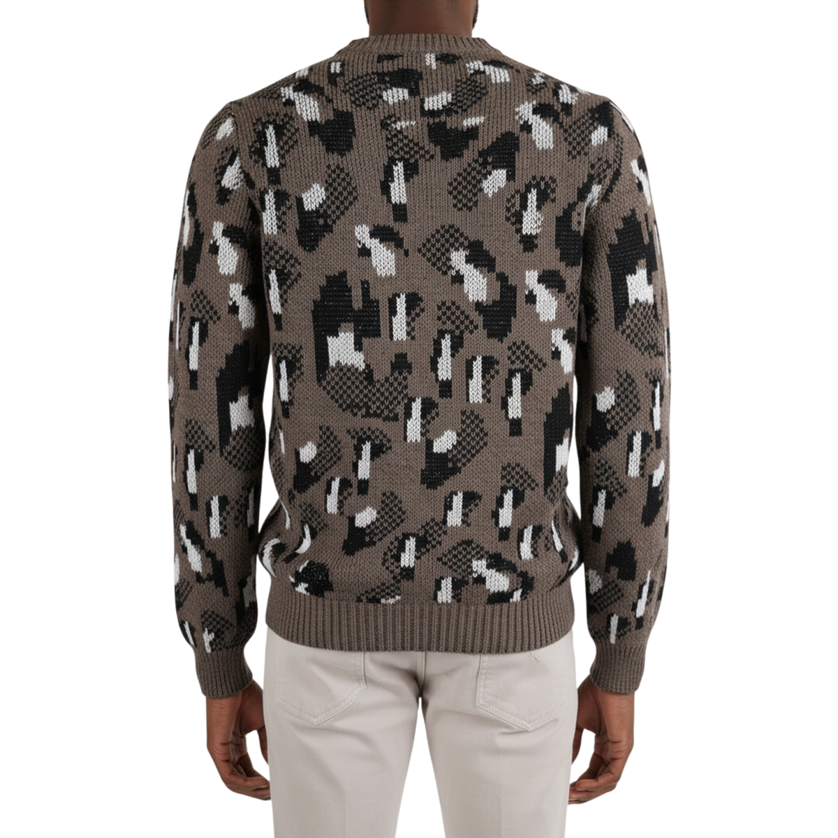 Italienischer Pullover mit grafischem Muster und strukturierter Strickoptik in Tortora, Rückansicht