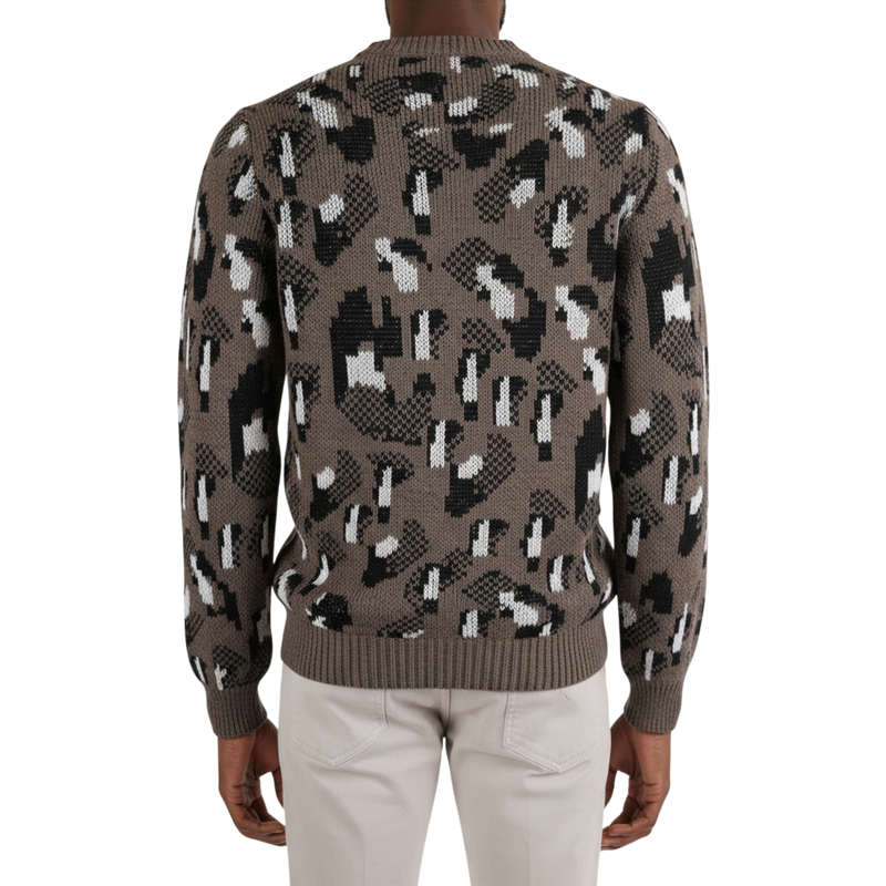 Italienischer Pullover mit grafischem Muster und strukturierter Strickoptik in Tortora, Rückansicht