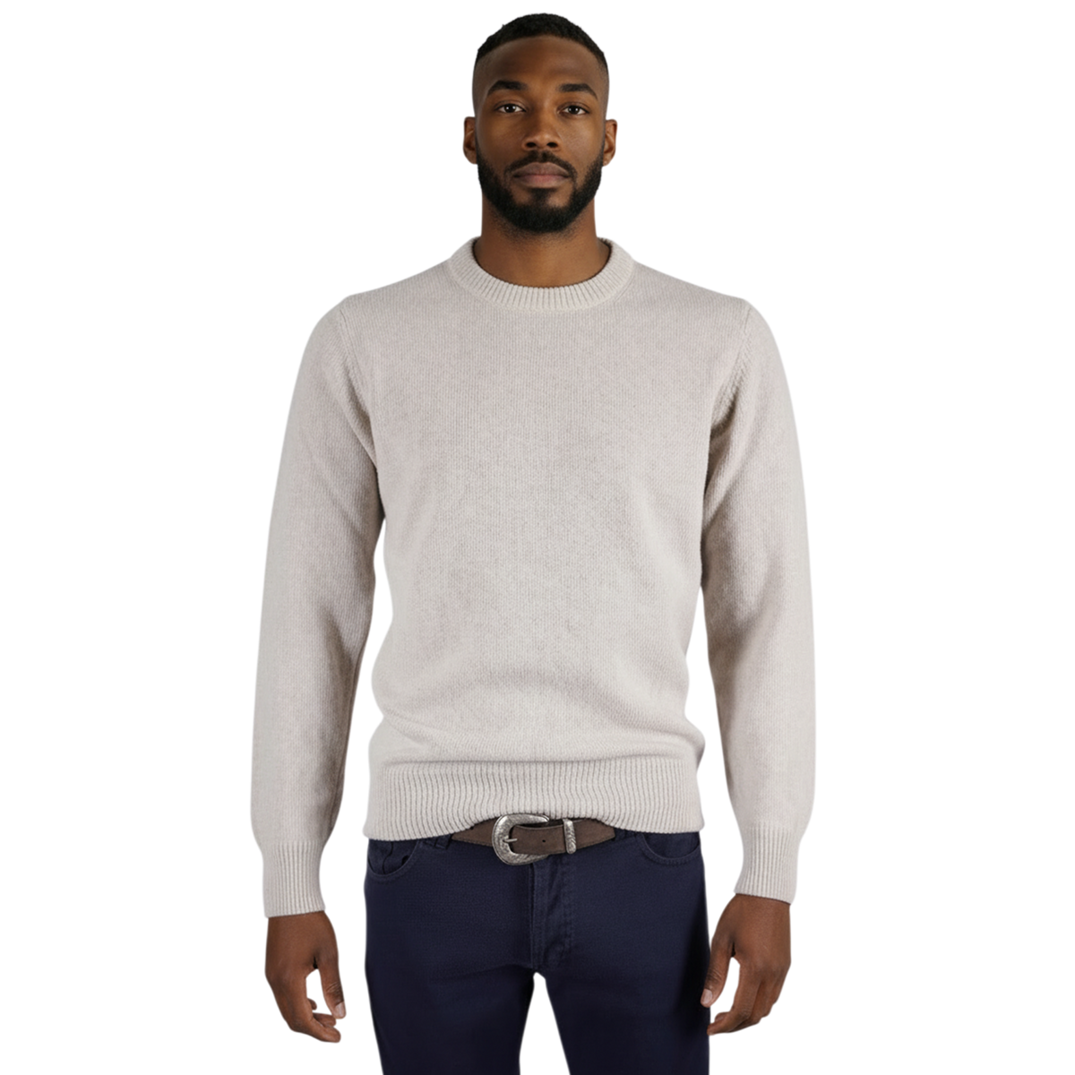 Italienischer Pullover aus Woll-Cashmere-Mischung mit Rundhalsausschnitt und strukturierter Strickoptik, Frontansicht