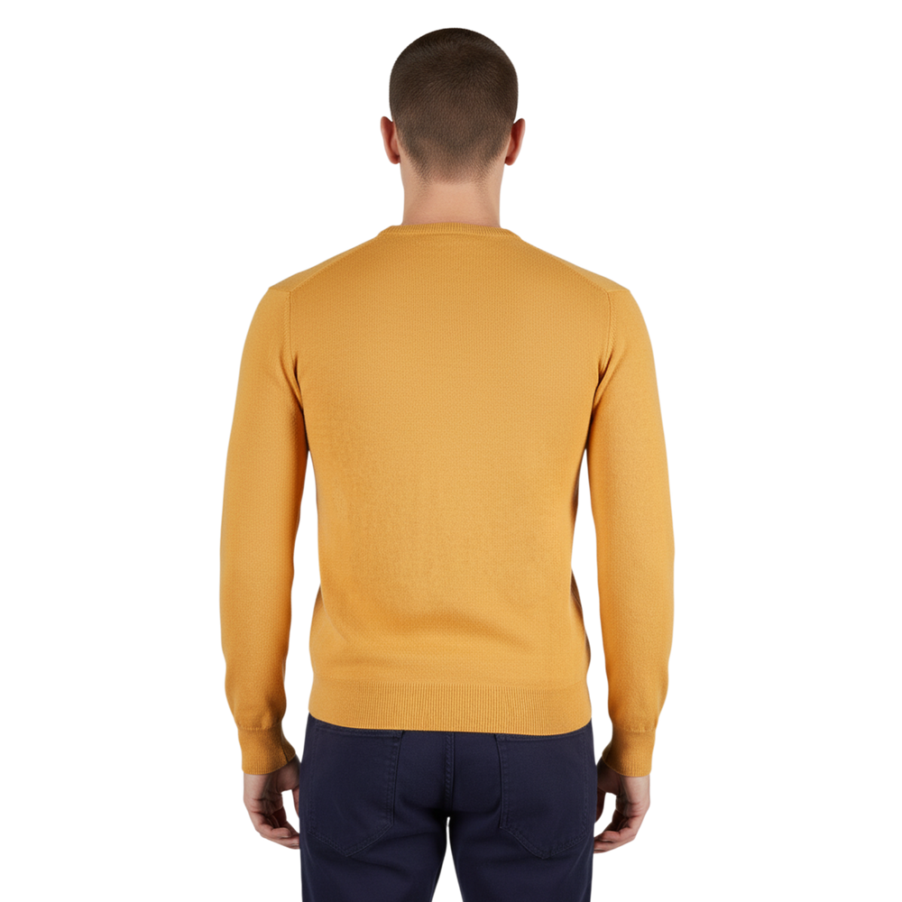 Italienischer Herrenpullover aus Woll-Kaschmir-Mischung, Rückansicht, schlanke Passform, Rippbündchen an Saum und Ärmeln, feine Strickstruktur.