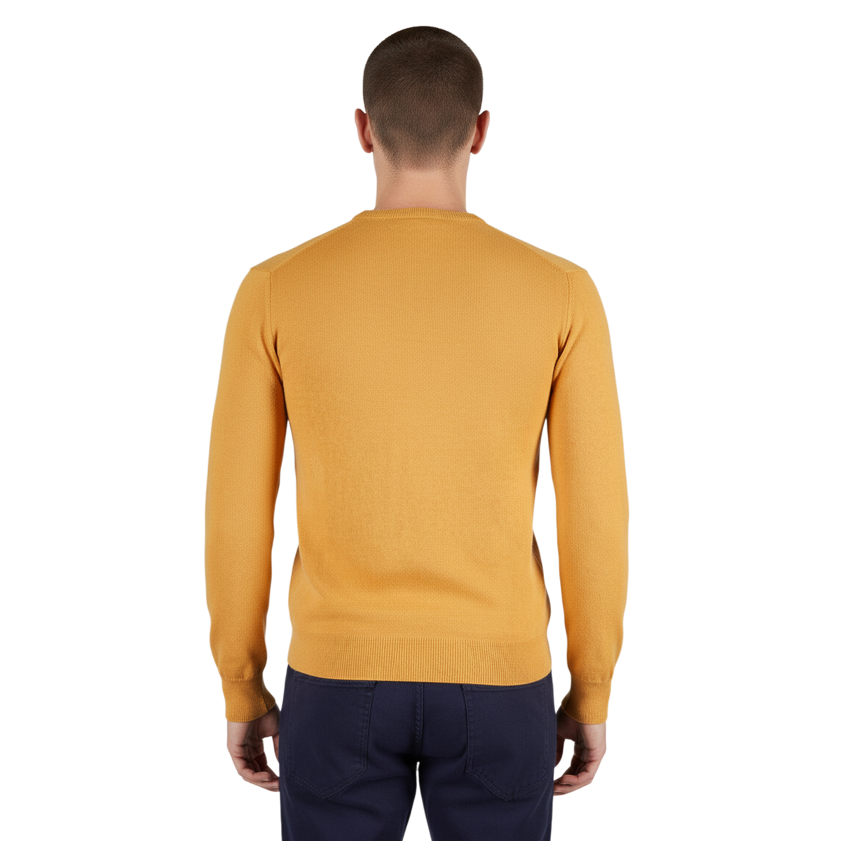 Italienischer Herrenpullover aus Woll-Kaschmir-Mischung, Rückansicht, schlanke Passform, Rippbündchen an Saum und Ärmeln, feine Strickstruktur.