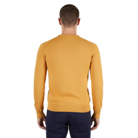 Italienischer Herrenpullover aus Woll-Kaschmir-Mischung, Rückansicht, schlanke Passform, Rippbündchen an Saum und Ärmeln, feine Strickstruktur.