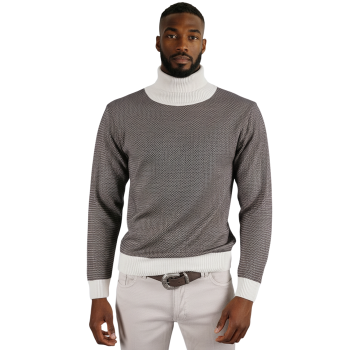 Italienischer Rollkragenpullover mit feiner Strickstruktur und kontrastierendem Kragen in Beige und Naturtönen – Frontansicht