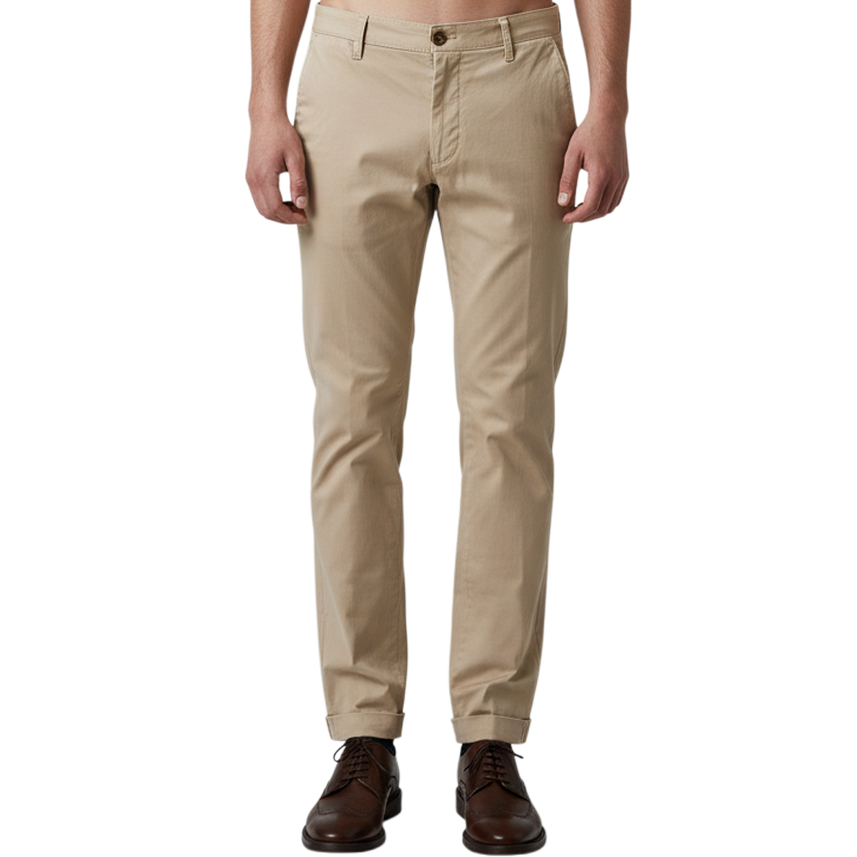 Italienische Herren-Chino in Beige mit moderner Passform, seitlichen Eingriffstaschen und Umschlag – Vorderansicht