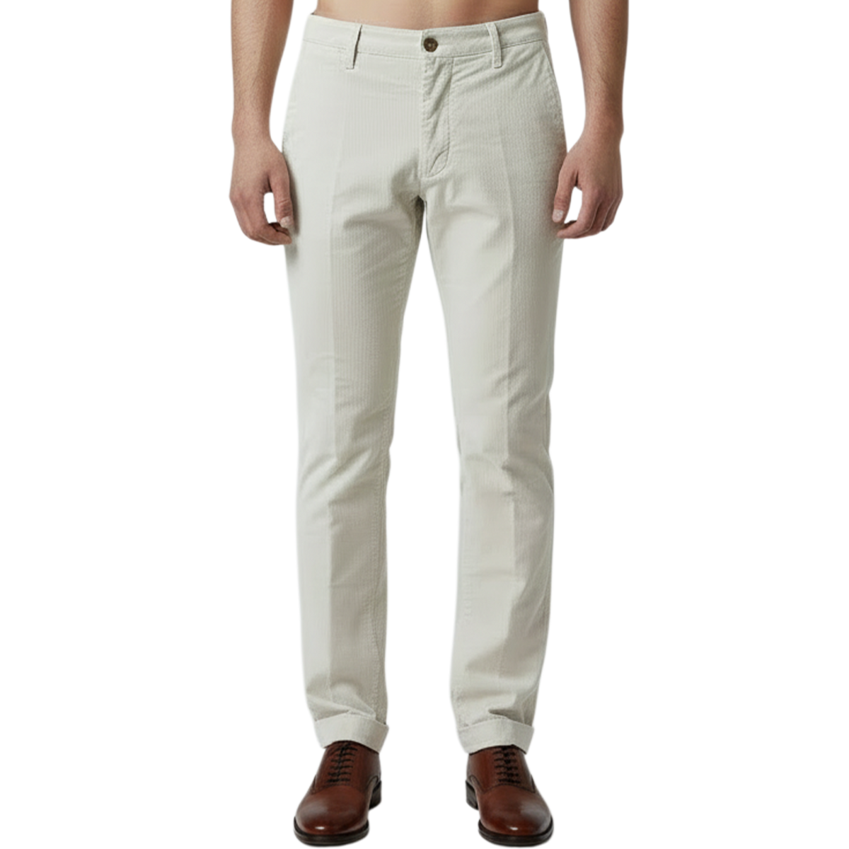Elegante italienische Herren-Hose in Avorio mit feiner, samtähnlicher Struktur, Umschlag am Saum, schrägen Eingrifftaschen und schlanker Passform – Vorderansicht.