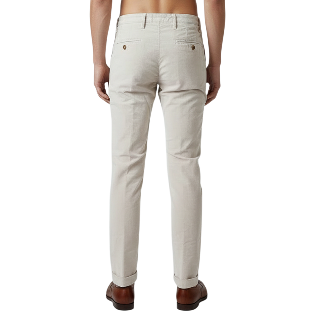 Elegante italienische Herren-Hose in Avorio mit feiner, samtähnlicher Struktur, Paspeltaschen auf der Rückseite und moderner, schlanker Silhouette – Rückansicht.