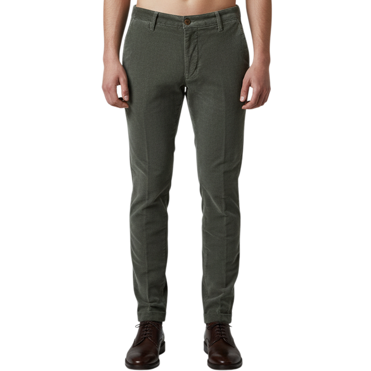 Elegante italienische Herren-Hose in Avorio mit feiner, samtähnlicher Struktur, Umschlag am Saum, schrägen Eingrifftaschen und schlanker Passform – Vorderansicht.