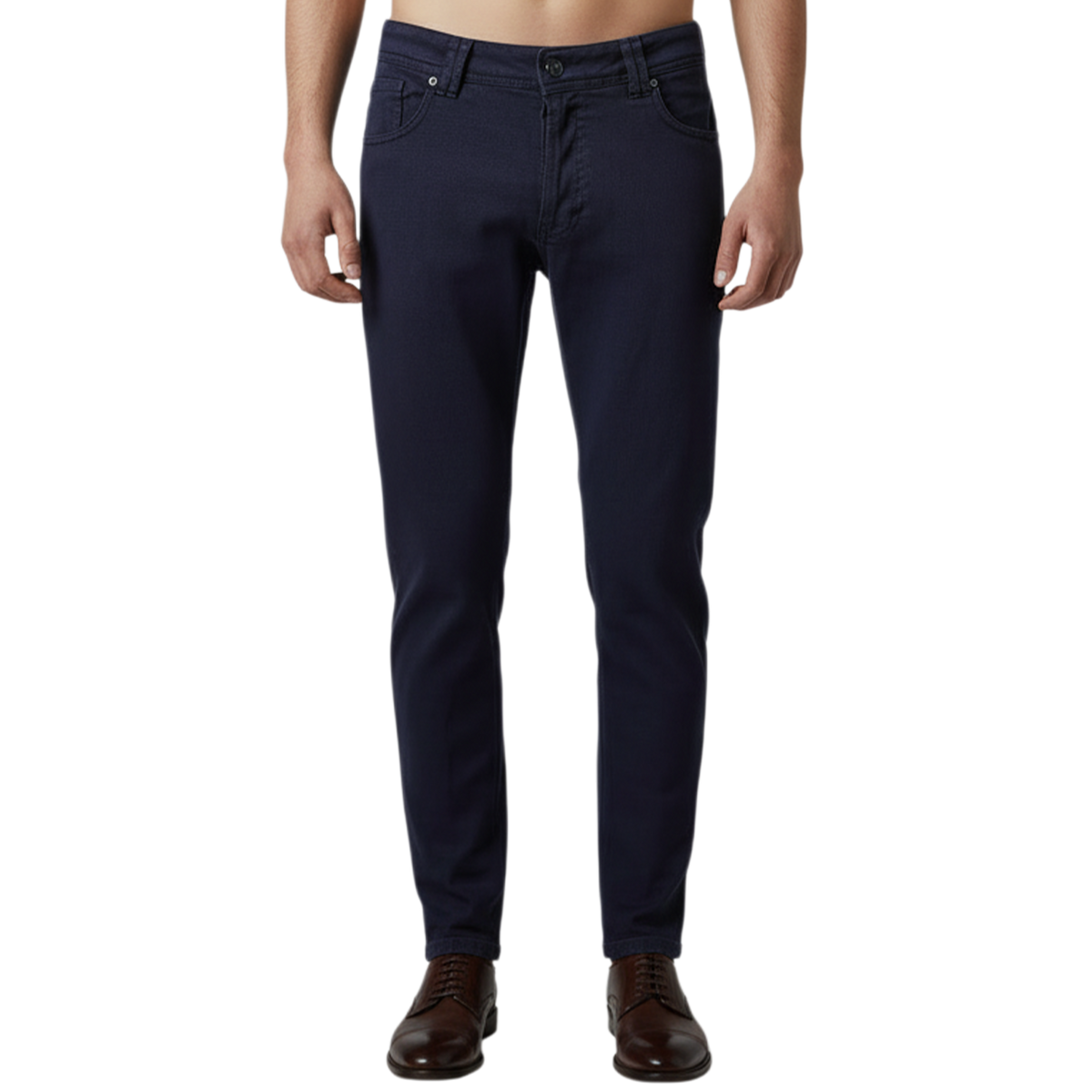 Elegante italienische Herren-Denim in Dunkelblau mit schlanker Passform, Five-Pocket-Design und modernem Stretch-Komfort – Vorderansicht.