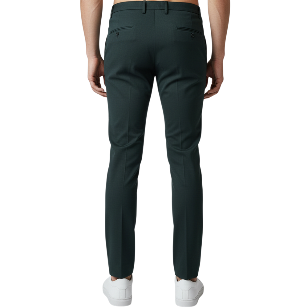 Rückansicht einer dunkelgrünen italienischen Herren-Hose mit elastischem Komfortbund und moderner, schlanker Silhouette