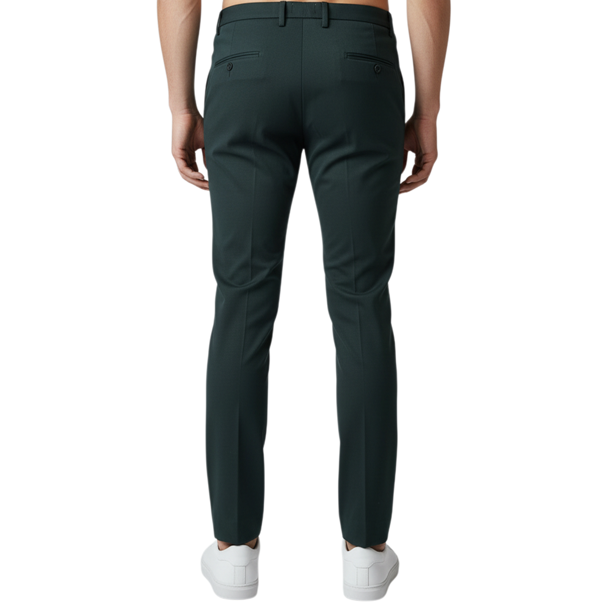 Rückansicht einer dunkelgrünen italienischen Herren-Hose mit elastischem Komfortbund und moderner, schlanker Silhouette