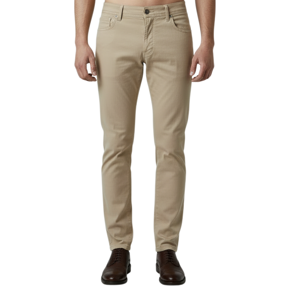 Elegante italienische Herren-Denim in Beige mit schlanker Passform, Five-Pocket-Design und modernem Stretch-Komfort – Vorderansicht.