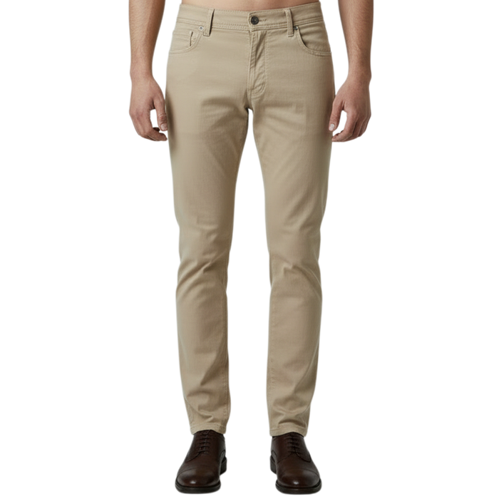 Elegante italienische Herren-Denim in Beige mit schlanker Passform, Five-Pocket-Design und modernem Stretch-Komfort – Vorderansicht.